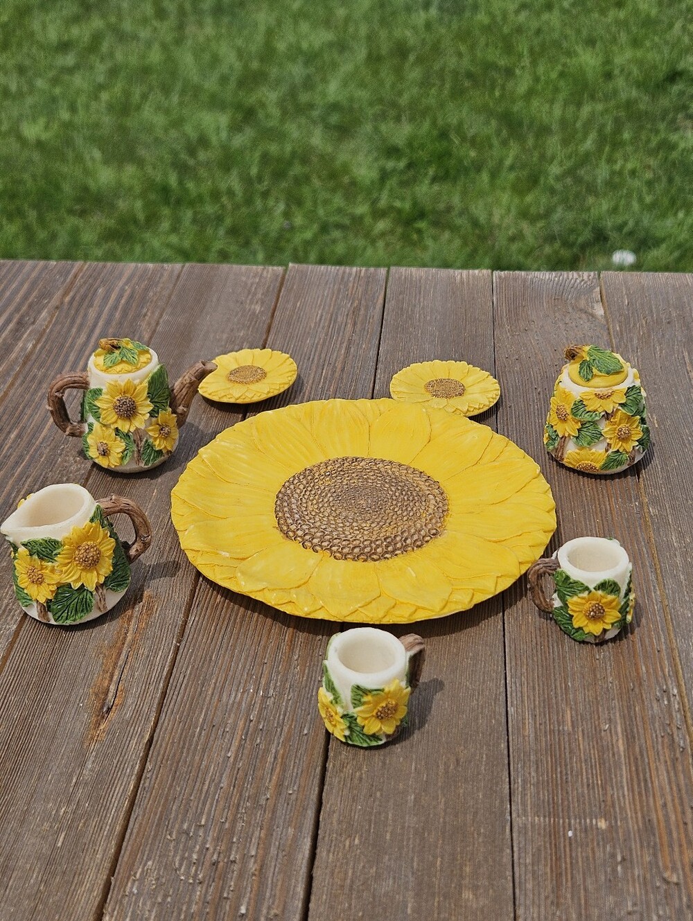 Vtg Popular Imports 1996 Miniature Resin Tea Set Sunflower 10 Pcs Rare Collectib